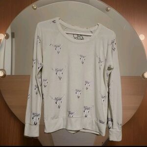 NWT Chaser Long Sleeve Top Longhorn Skeleton W Floral Crown Soft Sz S